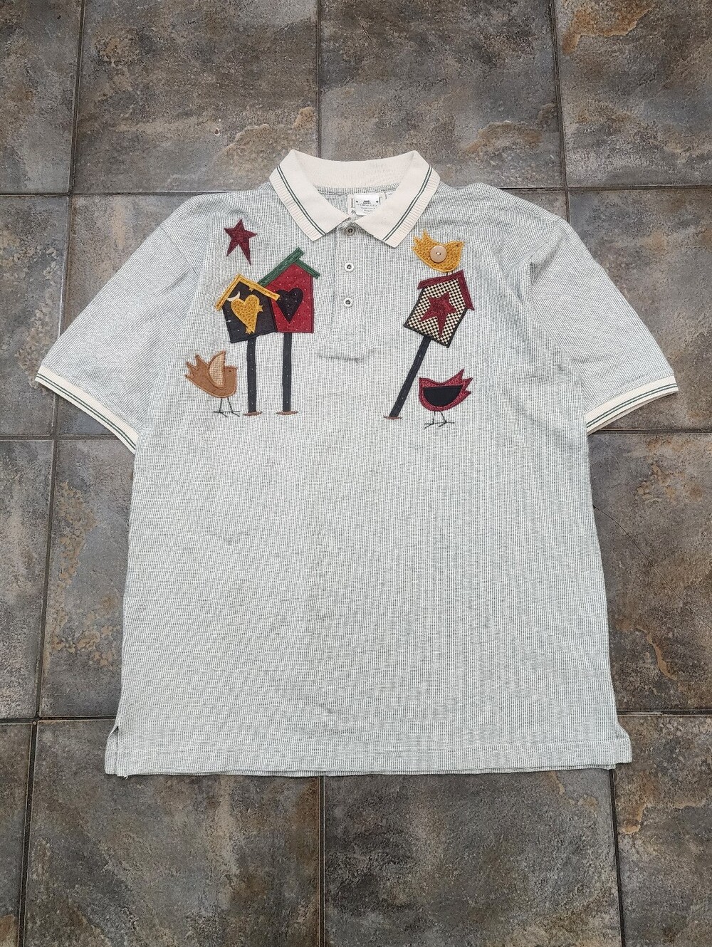 Vintage 90s Women's Large Embroidered Bird Grandma Cottagecore Polo Shirt